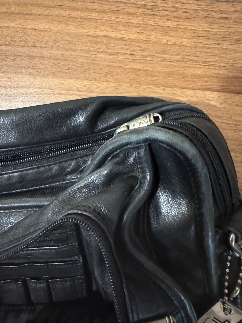 Tumi Black Leather Laptop Bag with Shoulder Strap